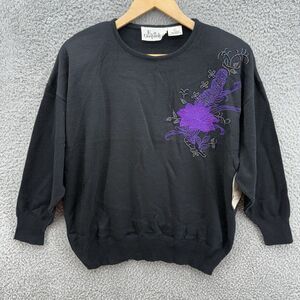 Eva Cervantes Sweater Womens Size L Black Floral Embroidery Crew Neck Beaded NWT